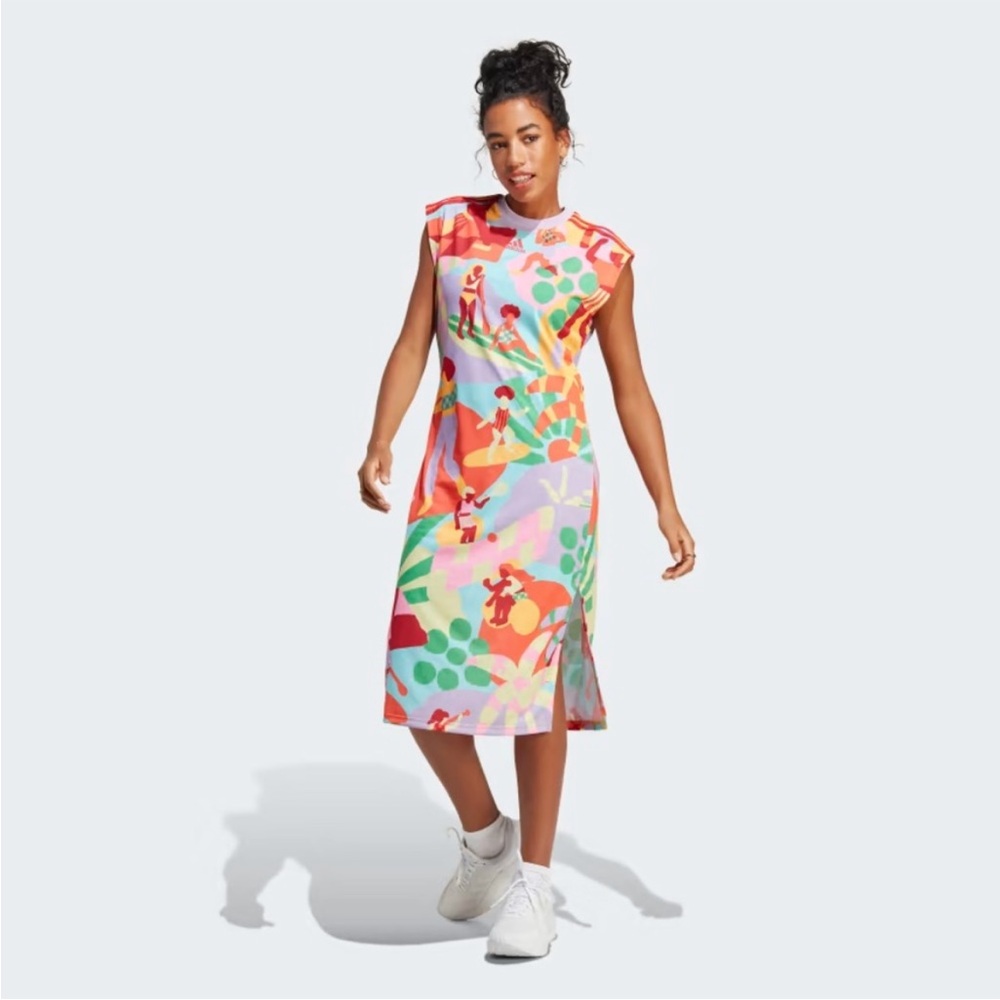 NWT Adidas M Farm Midi Dress real gold/semi solar with cap sleeve & side slits